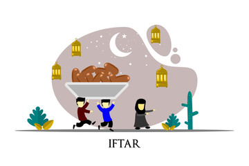 happy ramadan mubarak greeting illustration with cartoon character for poster, web landing page template, banner, presentation, social, and print media. islamic eid fitr or adha flat design vector.