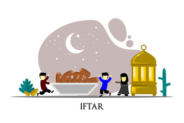 happy ramadan mubarak greeting illustration with cartoon character for poster, web landing page template, banner, presentation, social, and print media. islamic eid fitr or adha flat design vector.