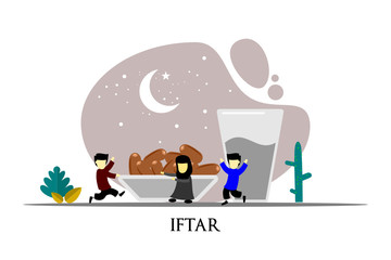 happy ramadan mubarak greeting illustration with cartoon character for poster, web landing page template, banner, presentation, social, and print media. islamic eid fitr or adha flat design vector.