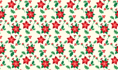 Fototapeta na wymiar Cute Christmas flower pattern background, with beautiful leaf and red flower design.