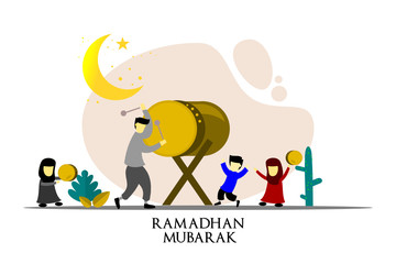happy ramadan mubarak greeting illustration with cartoon character for poster, web landing page template, banner, presentation, social, and print media. islamic eid fitr or adha flat design vector.