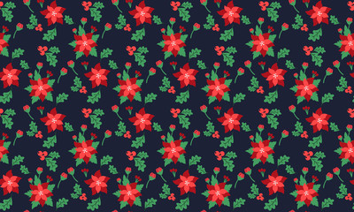 Cute Christmas flower pattern background, with beautiful leaf and red flower design.