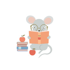 Cute mouse with glasses reading a book. Funny cartoon rat studying hard. Humanized symbol of 2020 Chinese animal zodiac. Vector isolated  illustration