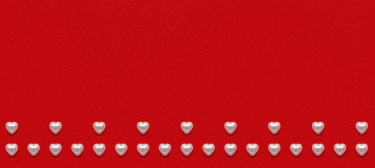 White pearl hearts on red velvet paper pattern. Love passion symbol. Romantic Valentine's day background. Top view, copy space, wide banner