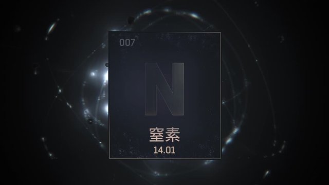 Nitrogen as Element 7 of the Periodic Table. Seamlessly looping 3D animation on silver illuminated atom design background orbiting electrons name, atomic weight element number in Japanese language