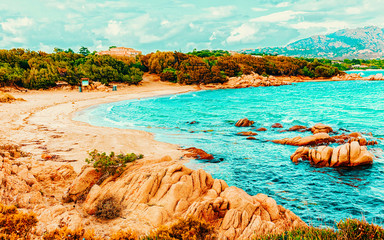 Landscape with Romantic morning at Capriccioli Beach in Costa Smeralda of the Mediterranean sea on...