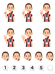 指で数字を数えるフィットネスクラブのインストラクターの女性　表情と数字のセット