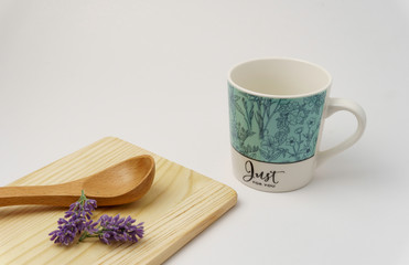 Empty spoon, cutting board, glass, top view, background, template, food display montage, free space for text