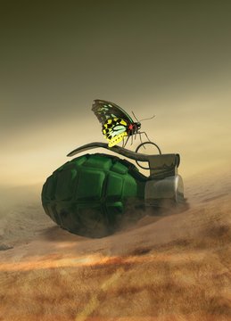 Butterfly on a hand grenade, illustration