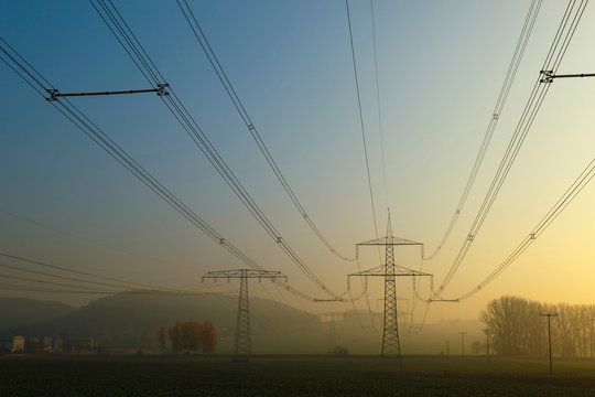 Power lines in mist