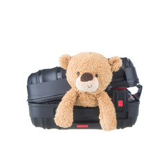 Teddy bear sitting on luggage with concept new.