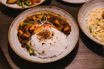 indian curry with steamed rice and veggies