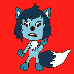 emoticon with a cool angry wolf with blue wool, which stands with a warped mouth and threatens with two fists, color vector clip art on isolated background