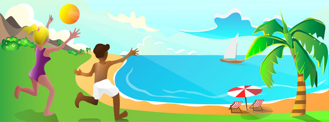Obraz na płótnie Canvas The cartoon illustration picture of a boy and a girl running to the beach. ( vector )