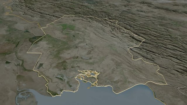 Khuzestan, province with its capital, zoomed and extruded on the satellite map of Iran in the conformal Stereographic projection. Animation 3D