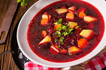 Delicious beetroot borscht with egg