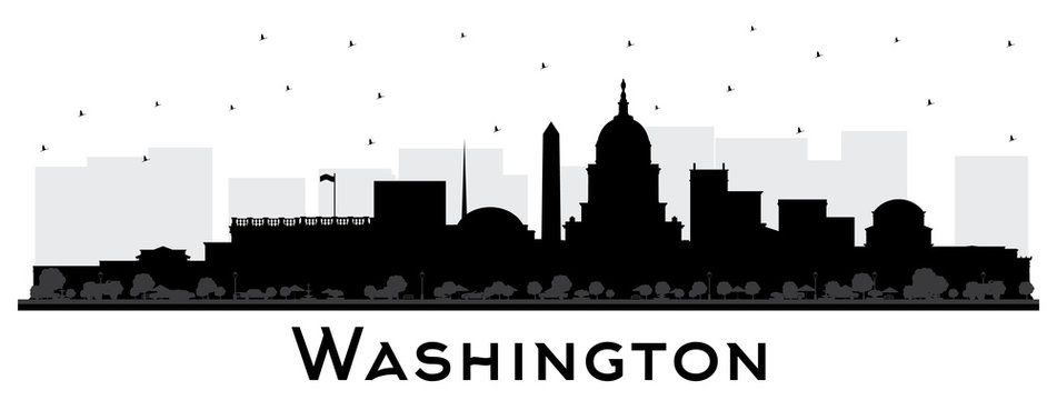 Washington DC USA City Skyline Silhouette with Black Buildings Isolated on White.