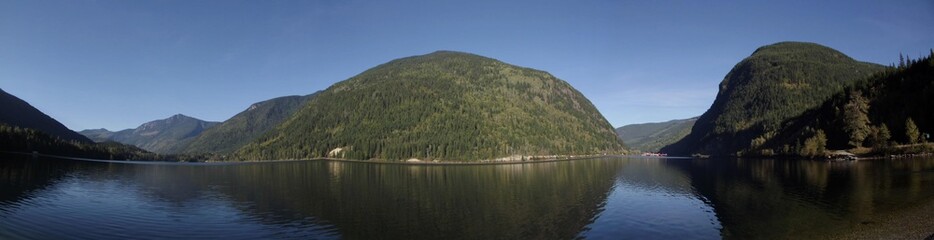 Fototapeta na wymiar Panorama, Three Valley Gap, view at Trans Canada Highway near Revelstoke British Columbia