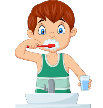 Cute little boy brushing teeth Stock Vector | Adobe Stock