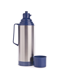 Thermo or Thermo flask from stainless steel on background new.