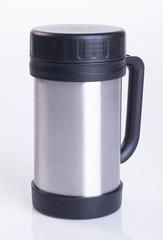 Thermo or Thermo flask from stainless steel on background new.