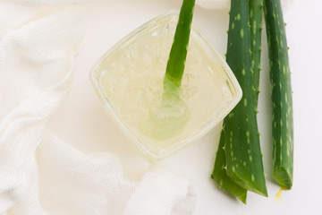 Glassware with fresh aloe vera juice and leaves