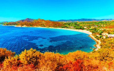 Beautiful nature of Villasimius and with Blue Waters of the Mediterranean Sea on Sardinia Island in...