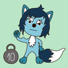 emoticon with a cool harsh wolf with blue wool bodybuilder who shows his biceps on his arm and a  weight standing next to it, simple emoji clip art on a blue isolated background