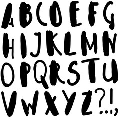 Black and white english alphabet seamless vector pattern. Font blotted by a bold brush.
