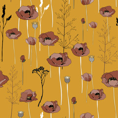 Flowers and boxes of poppies, twigs of grass seamless pattern. Vector illustration with plants.