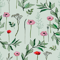 Seamless pattern with pink roses and grey leaves on light background. Tropical flowers, lily. Vector illustration with plants. Gentle pastel colors.