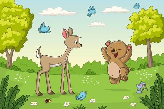 Cute animals on a meadow. Vector illustration with separate layers.