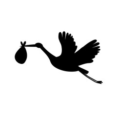 Stork logo silhouette. Black bird flying and carrying a bundle isolated on white.