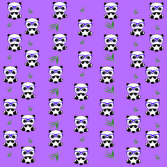 Group of cartoon panda and bamboo leaf isolated on purple background.