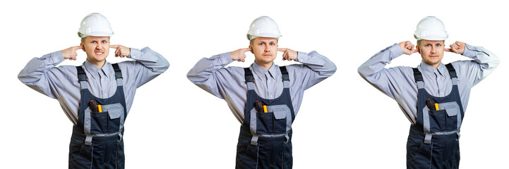 A builder in a helmet, an engineer at a construction site. Completely isolated. Pack Set 1