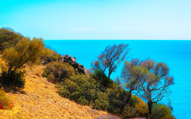Landscape with Capo Pecora beach at the Mediterranean Sea in Buggerru in South Sardinia of Italy....