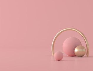 Abstract geometric shape,sphere and gold ring on pink background, pastel colors,minimal style,3d rendering