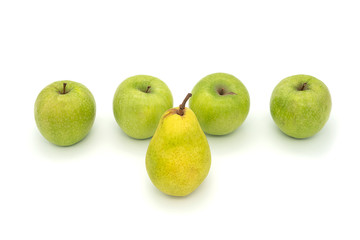 Four green and one pear isolated on white background