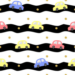 seamless colorful hand drawn car with gold dot glitter pattern on stripe background