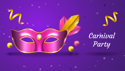 Fototapeta premium Carnival Party background with 3d realistic mask, ribbon and feather, in pink and gold color