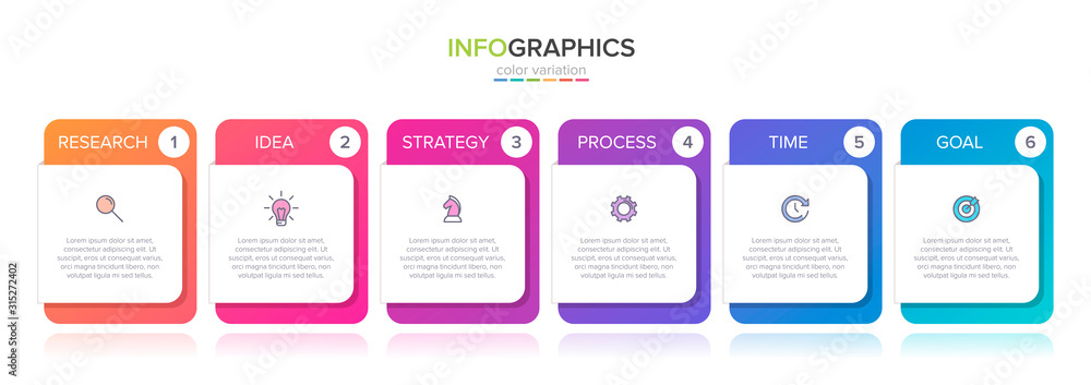 Poster concept of arrow business model with 6 successive steps. six colorful graphic elements. timeline des