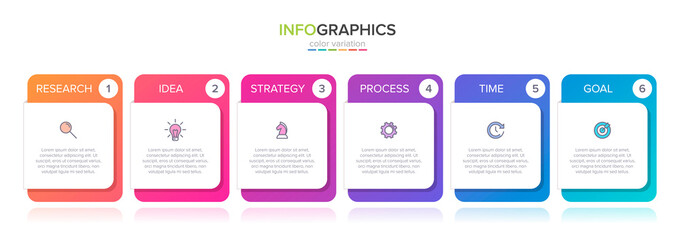 Concept of arrow business model with 6 successive steps. Six colorful graphic elements. Timeline design for brochure, presentation. Infographic design layout