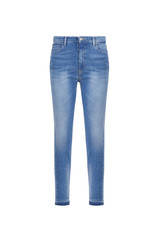 Blue womens jeans, front view. Casual style