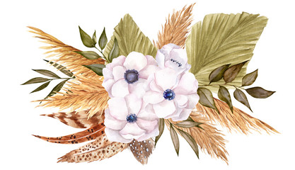 Watercolor bouquets in boho style with pampas grass, flowers, feathers and palm leaves, hand draw floral element, isolated on white background © марина васильева