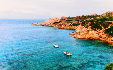 Landscape with Rocky coast of Capo Testa in Santa Teresa Gallura at the Mediterranean Sea on Sardinia Island in Summer Italy. Scenery of Cagliari province. Mixed media.
