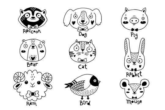 Avatars funny animal faces Raccoon Dog Pig Bear Ram Hare Rabbit Cat Bird Mouse Rat. Vector illustration