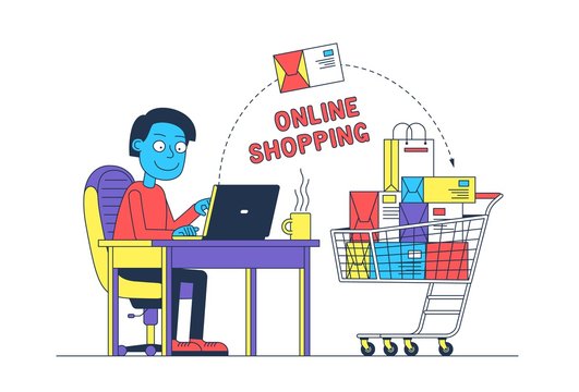Man online shopping with laptop. People buys in online store. Goods trolley. Vector illustration.