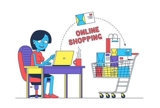 Woman online shopping with laptop. Girl buys in online store. Goods trolley. Vector illustration.