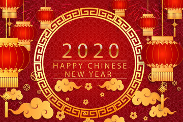 Happy Chinese new year card. Red background with traditional Asian lanterns . For greetings card, flyers, invitation, posters, brochure, banners, calendar