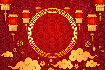 Happy Chinese new year card. Red background with traditional Asian lanterns . For greetings card, flyers, invitation, posters, brochure, banners, calendar